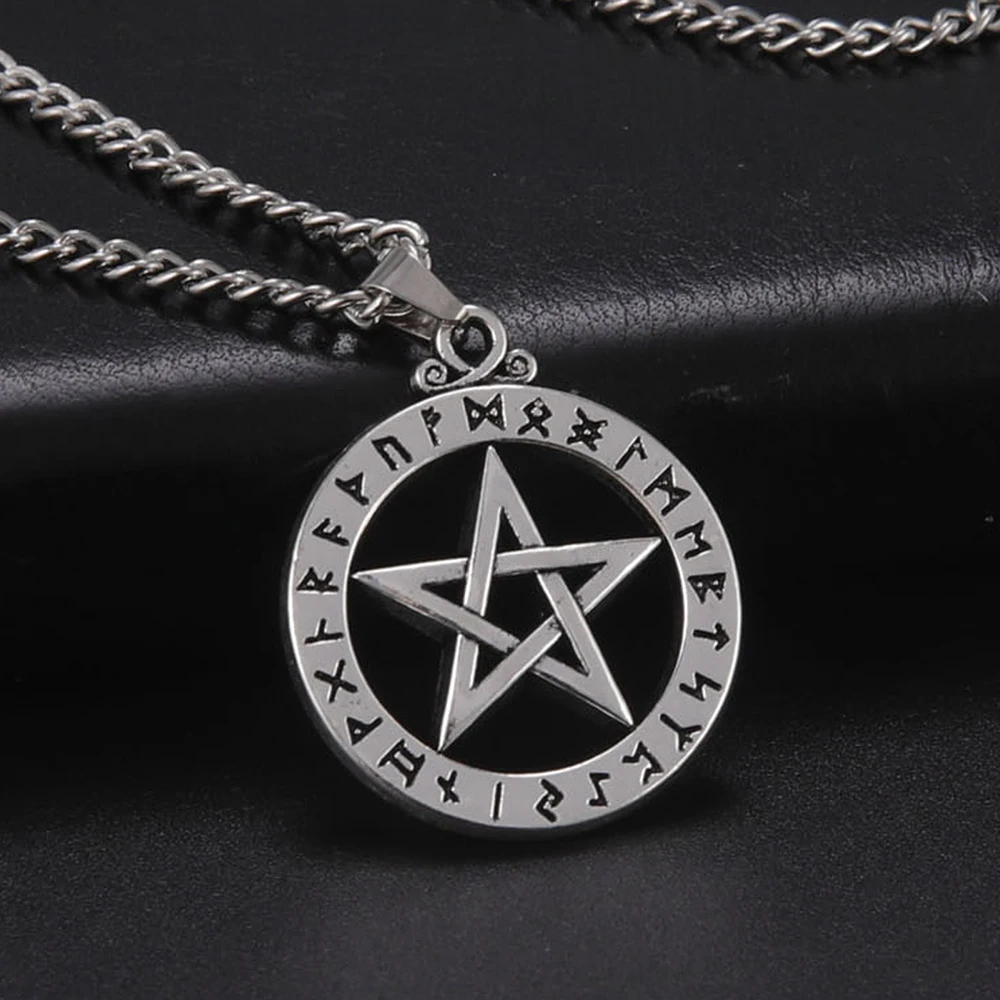 Dawapara Wiccan Pentacle Necklace Pagan Pendant Men Women  Pentagram Norse Runes Coin Ancient Viking Amulet Necklaces