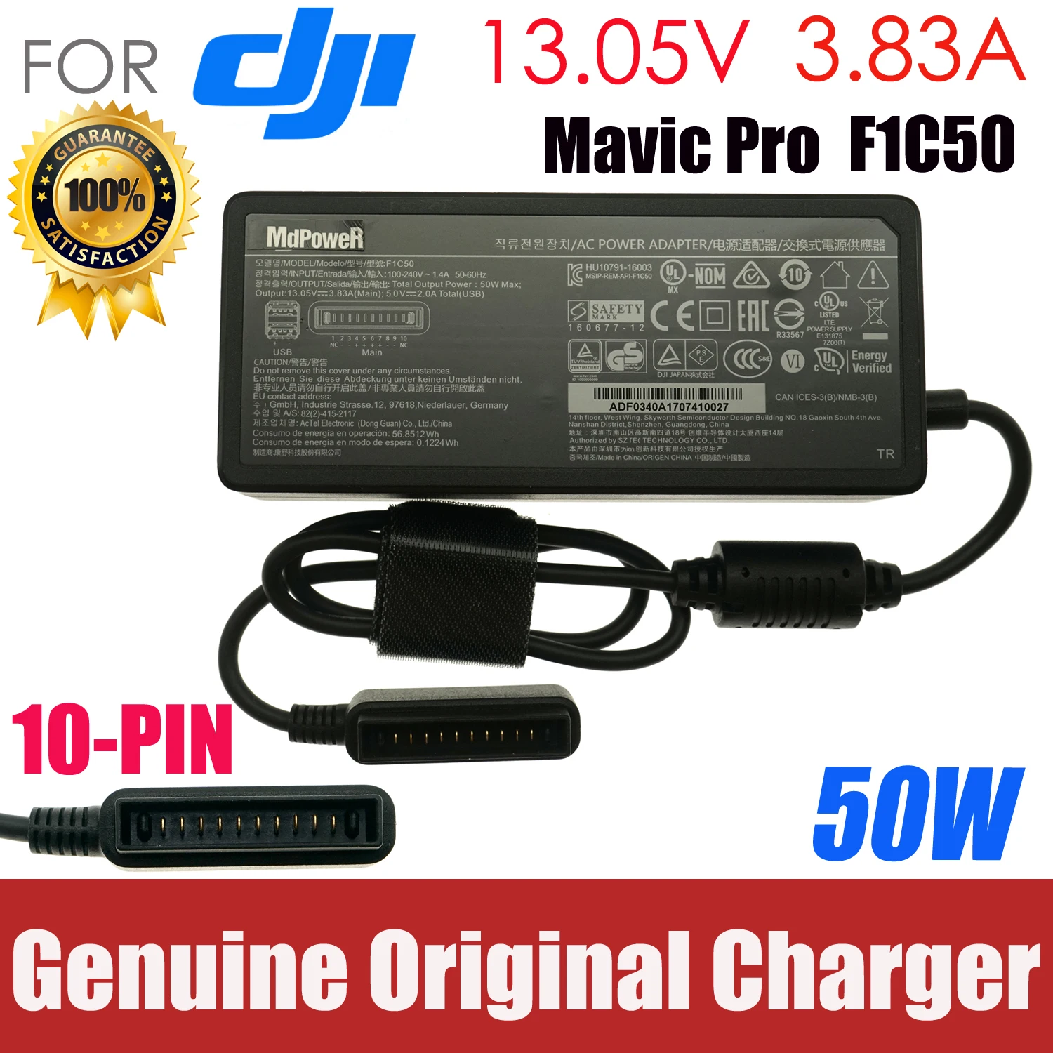 

Original For DJI Mavic Pro Drone 50W Battery Charger AC Power Adapter 13.05V 3.83A 5V2A F1C50 10PIN Power Supply