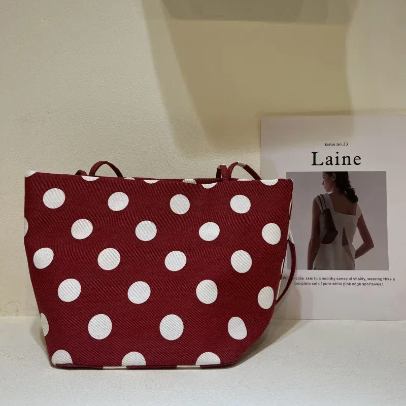 Koreanische Umhängetasche aus Denim-Canvas mit Polka Dots, leichte, lässige, stilvolle Alltagstasche für Damen, Colorblock-Handtasche für den Arbeitsweg – Detail 10