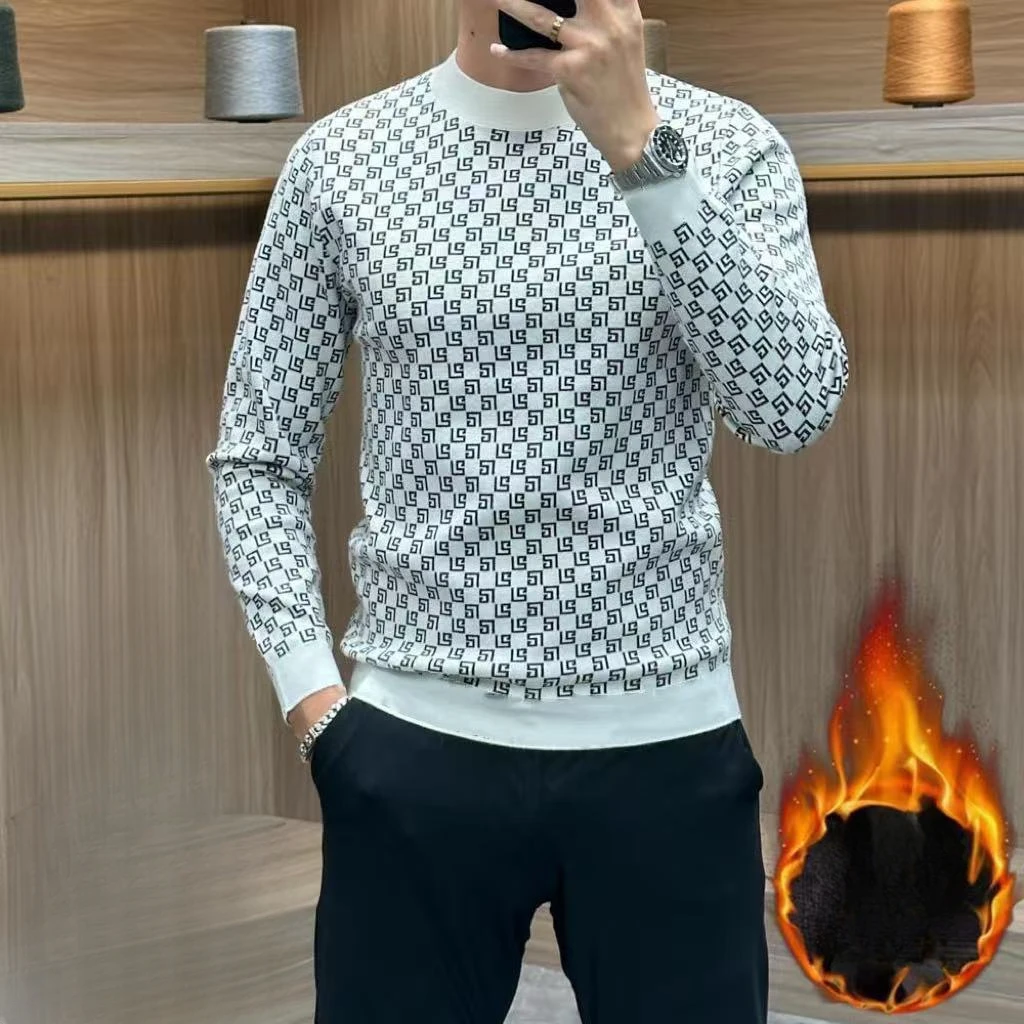 Autumn Winter New Koreon Fashion Fleece Thicken Warm T-Shirt Men Clothing O-Neck Long Sleeve Casual Pullover Bottoming Tops