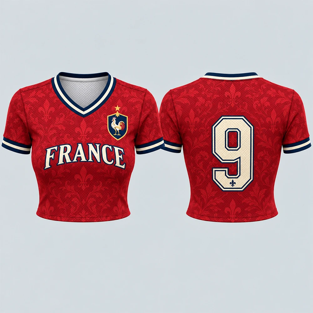 French team women's short crop exposed fan jersey, spicy girl short sleeved breathable mesh football top for watching matches