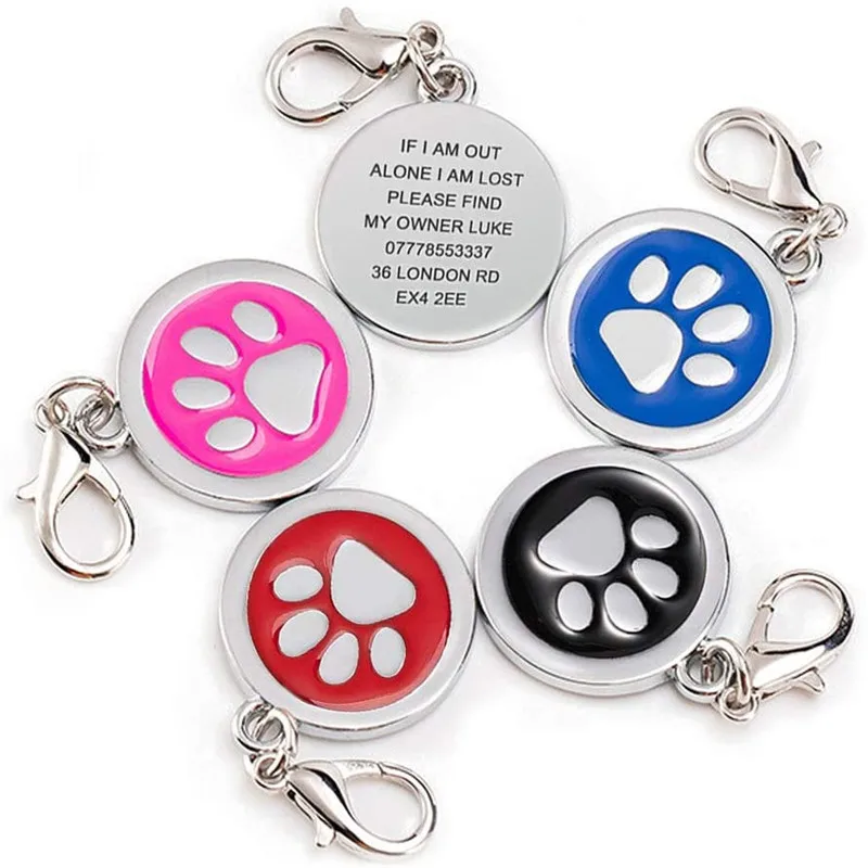 Personalised Engraved 25mm Colourful Tag for Cat Dog Puppy Pets Collar Stainless Steel Tag Bone Paw Design