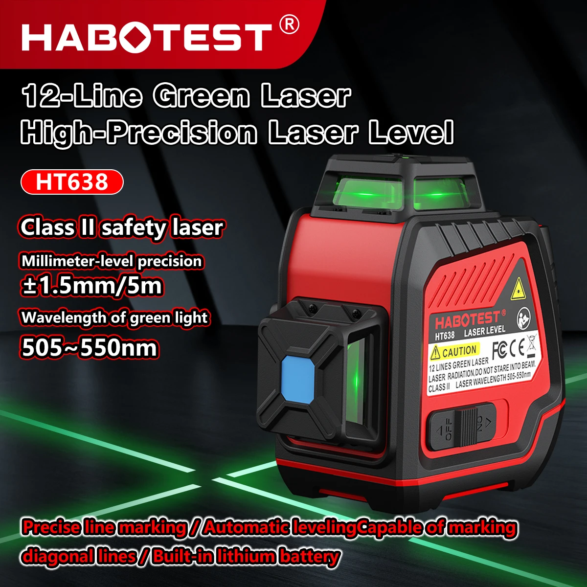 HT 638 12 Lines 360° Green Laser Level ±1.5mm/5m Self Level Tilt Alarm Built 4000mAh Battery Cross Line Measuring Tool Gift Bag