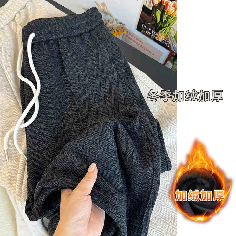 سميكة الدافئة الصوف السراويل للنساء مكتب عالية الخصر عادية مستقيم الساق أفخم زغب بنطال ذو قصة أرجل واسعة الكورية فضفاض السيدات بنطلون