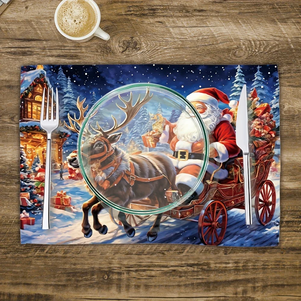 4pcs Santa Riding Reindeer Gifts Placemats, Festive Table Decor for Holiday Dinners & Parties, 2D Flat