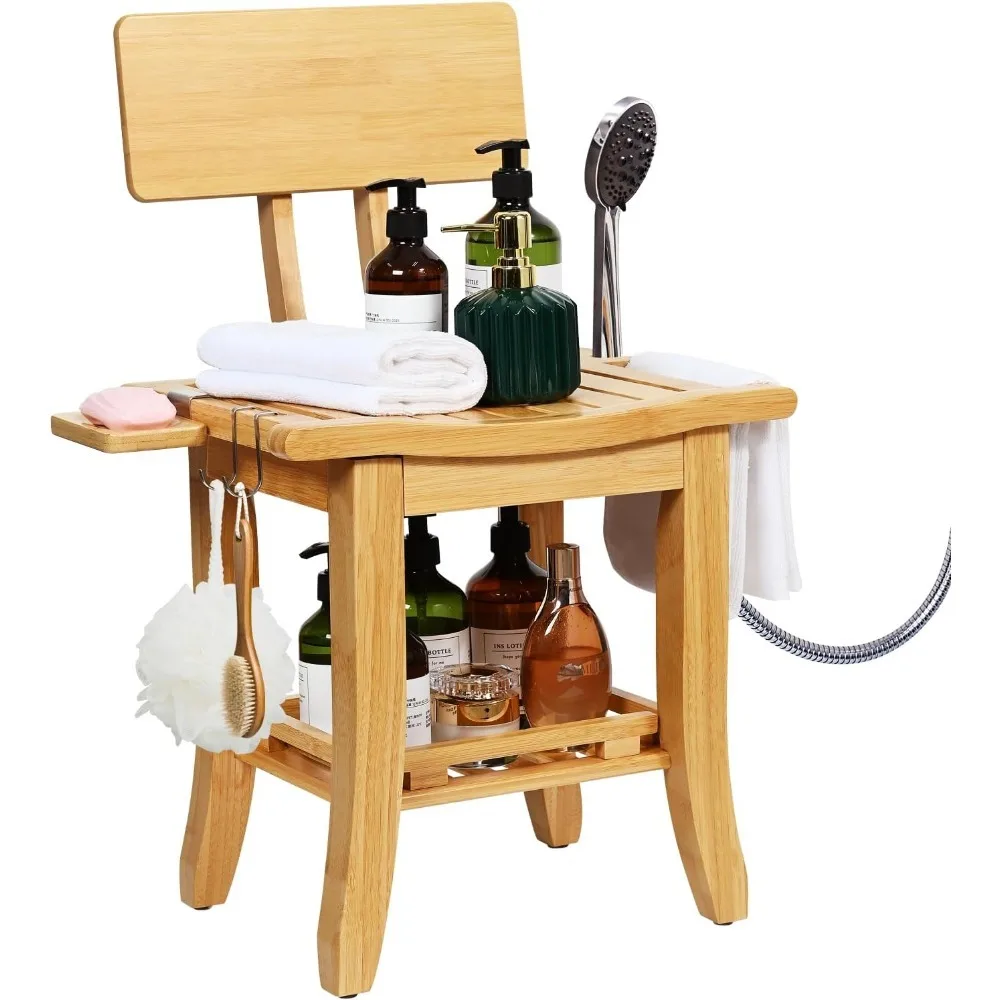 

Двухуровневое бамбуковое сиденье для душа с полкой для хранения, мыльницей и держателем для душевой лейки, водонепроницаемое, для пожилых людей и взрослых