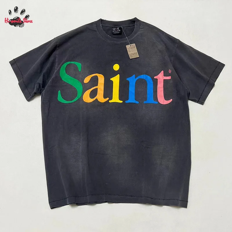 

2024ss Washed Good Quality SAINT T-shirt For Men Woman Vintage Damaged Casual Couple Tee Unisex Oversize Clothes