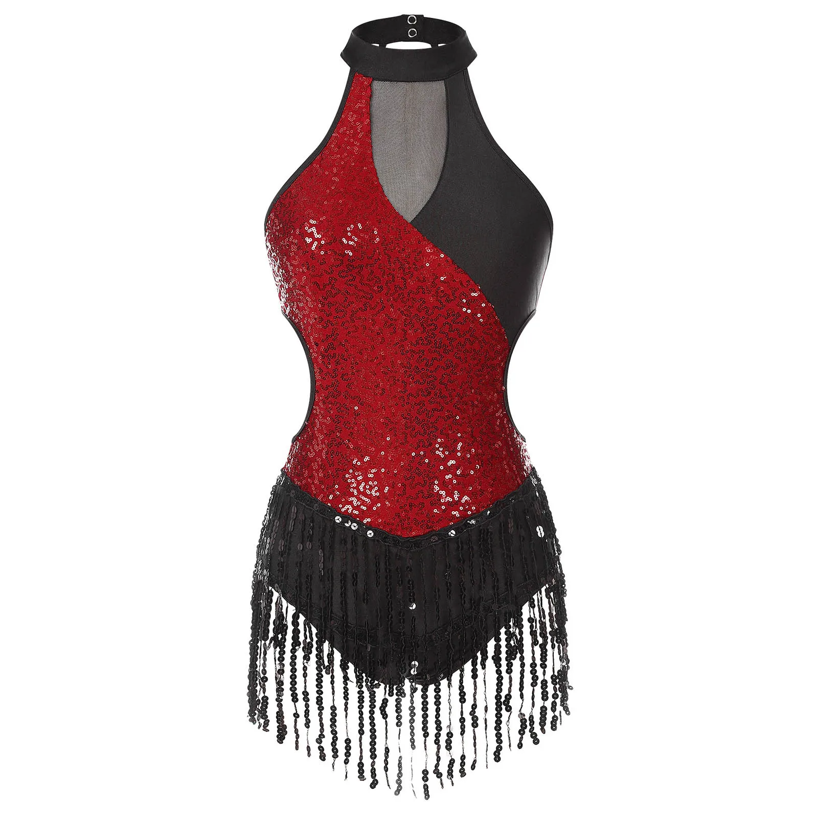 Womens Sequins Tassel Fringe Flapper Latin Dance Dress Leotard Sparkly Salsa Rumba Samba Cha-Cha Jazz Ballroom Dancing Costume