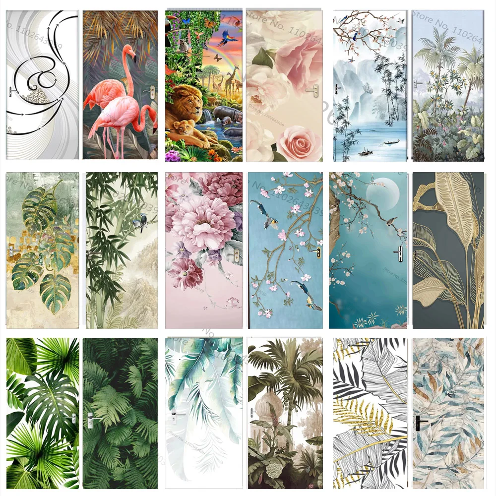 Pastoral Flower Leaf 3D Door Stickers Self Adhesive PVC Retro Jungle Door Wrap Sticker Cover Wallpaper Fridge Art Mural Decor