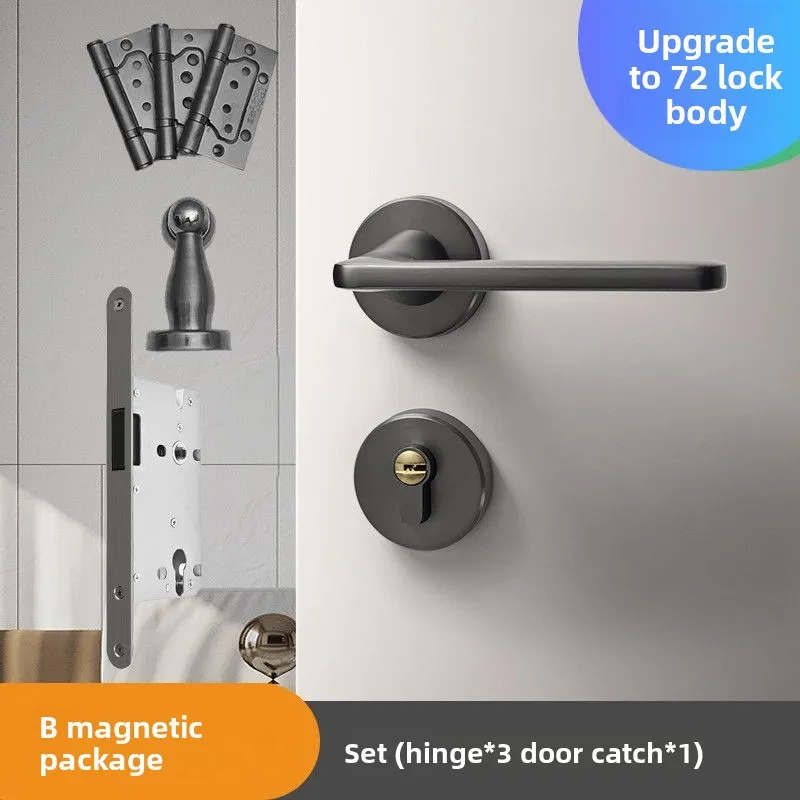 Nordic minimalist gray magnetic split bedroom door lock set, silent design fitted with hinges and door catch