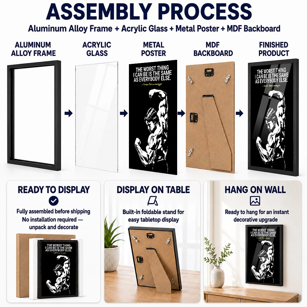 Arnold Schwarzenegger Inspirational Bodybuilding Framed Metal Print Personalized Photo High Contrast Style Wall Art For Bedroom