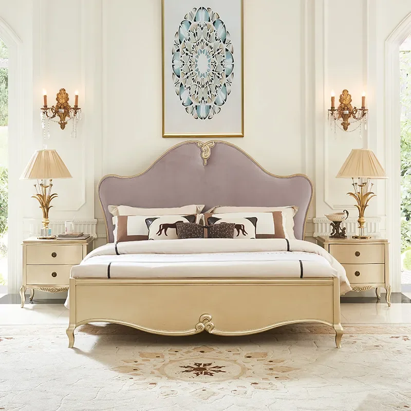 for American Light Luxury Modern Solid Wood Bed for Girl Dirty Pink Internet Celebrity Lotus Root Pink Flannel Wedding French