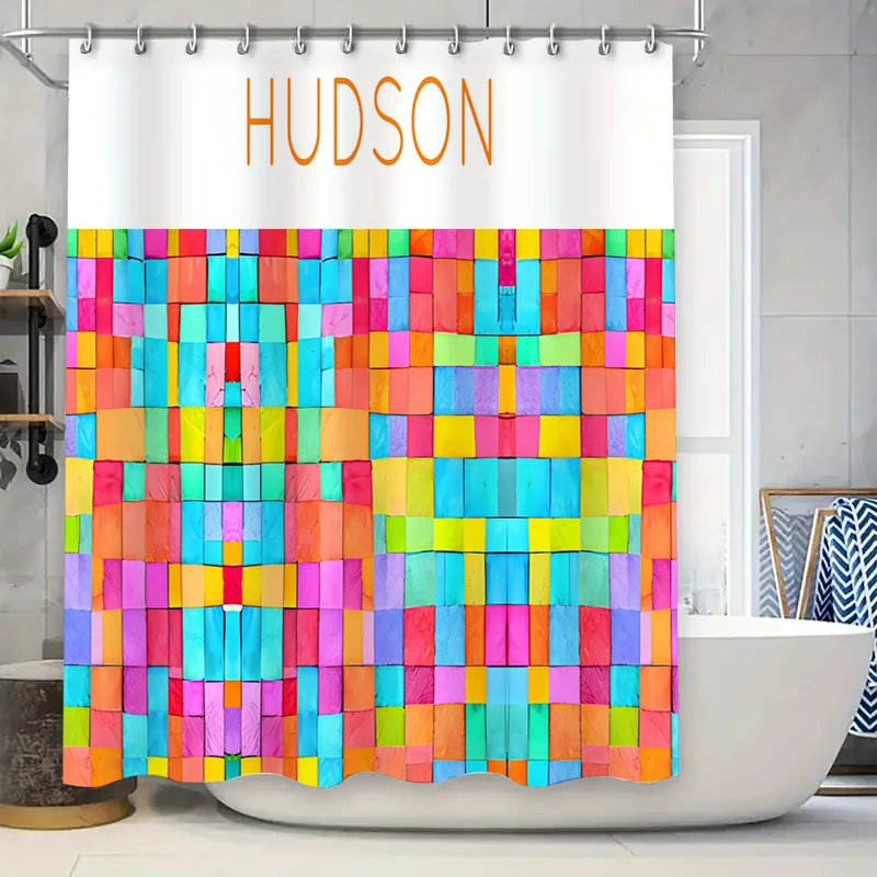 Brightly Colored Blocks Shower Curtain Customized for Kids Bathroom Decor 3D Printed Waterproof Bath Mat Set with Hooks, Persona