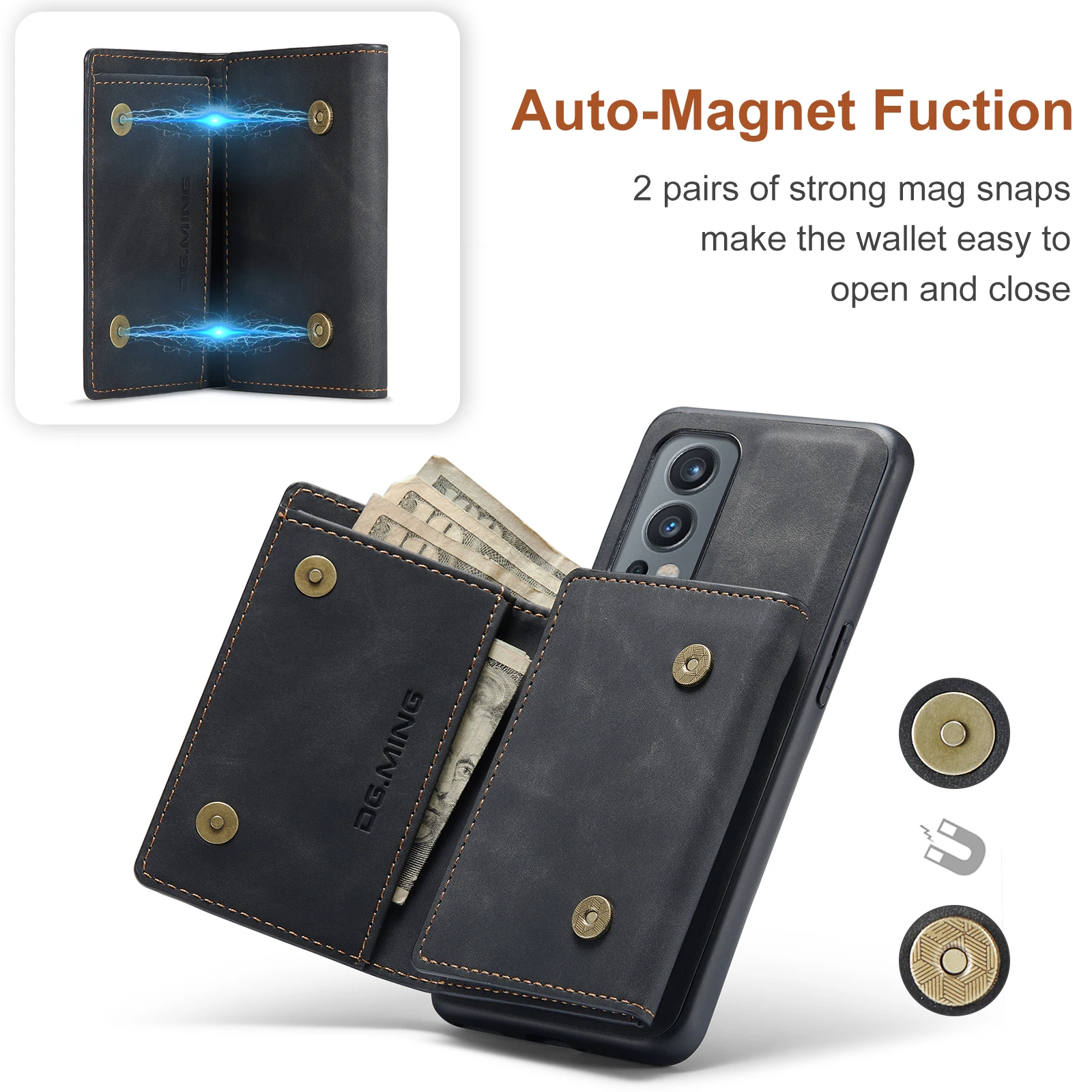 DG.MING 2in1 Detachable Case Leather Wallet Strong Magnet Protecting Cover for OnePlus 12 11/Nord N200/OnePlus 9R/9RT/Nord 2