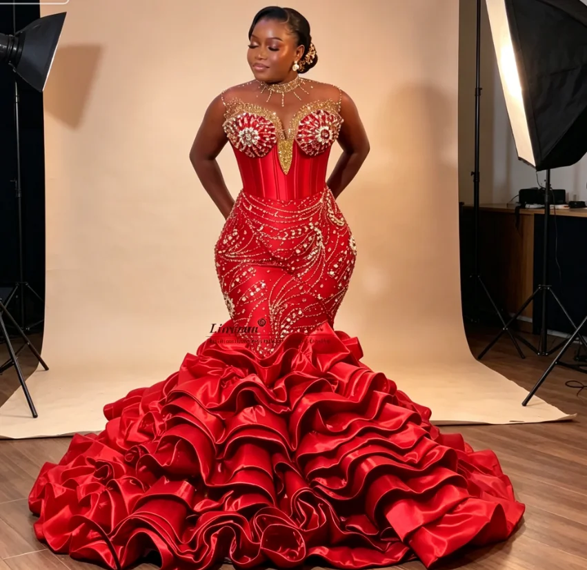 

Glitter Sequins Diamond Mermaid Prom Dresses Customized Ruffles Long Evening Party Gown African Dubai Wedding Robes De Soire