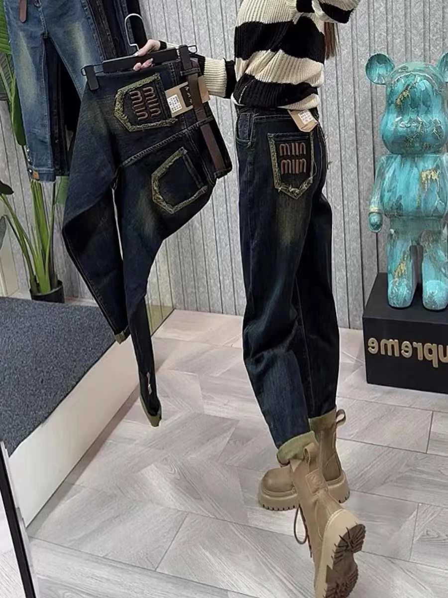 

plus Size Elastic Harem Fce Lined Denim Jeans Women's Autumn Winter Loose Slimming High Waist Straight Leg Dad Carrot Pants