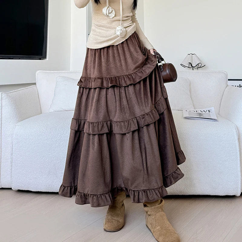 Vintage Ruffles Velvet Long Skirts Women Fashion Elastic High Waist A Line Cake Skirt Woman 2025 Autumn Winter Mid Length Skirts