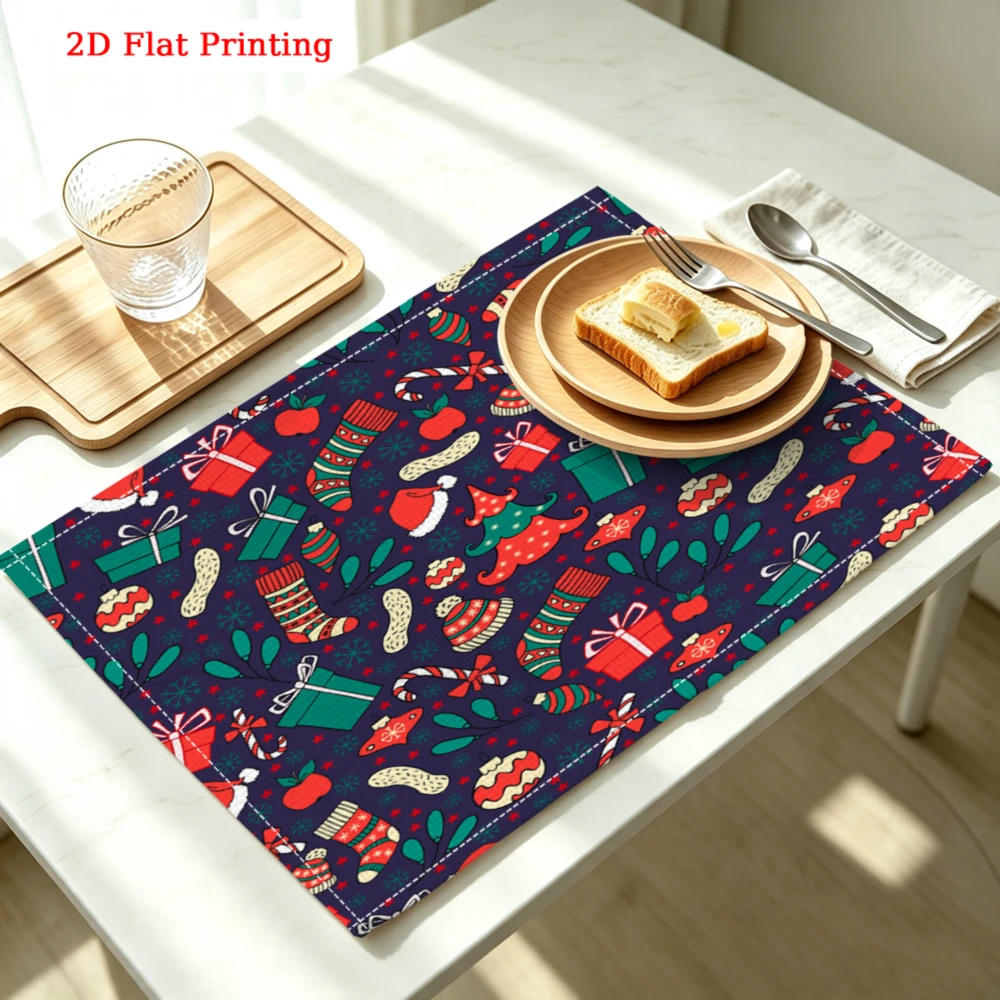 1Pc Christmas Style Placemat Navy Blue Festive Holiday Print Table Mat For Dining Kitchen Home Decor Party Use 30X40Cm
