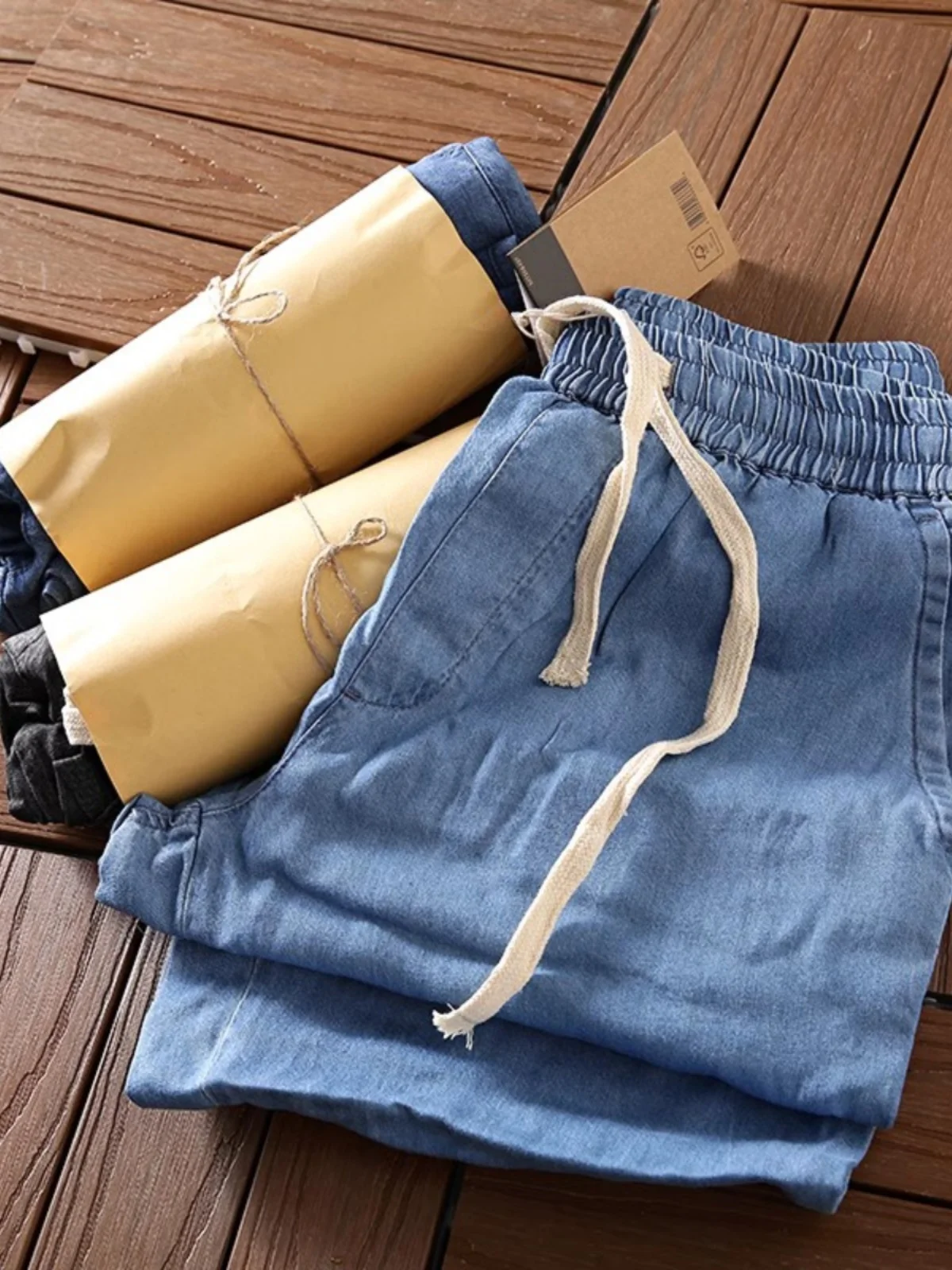 

Cool Breathable Summer Men's Thin Elastic Waist Loose Draped Cargo Jeans Trendy Casual Straight Leg Jeans