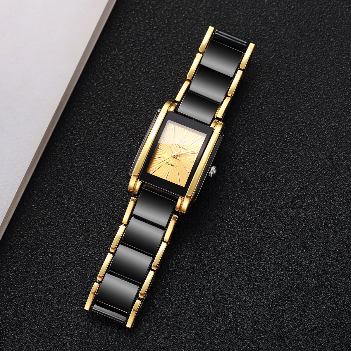 Fashion Rectangle Gold Dial Women Quartz Watch Black Stainless Steel Band Ladies Dress Wristwatch Relogio Feminino（Without Box） view 5
