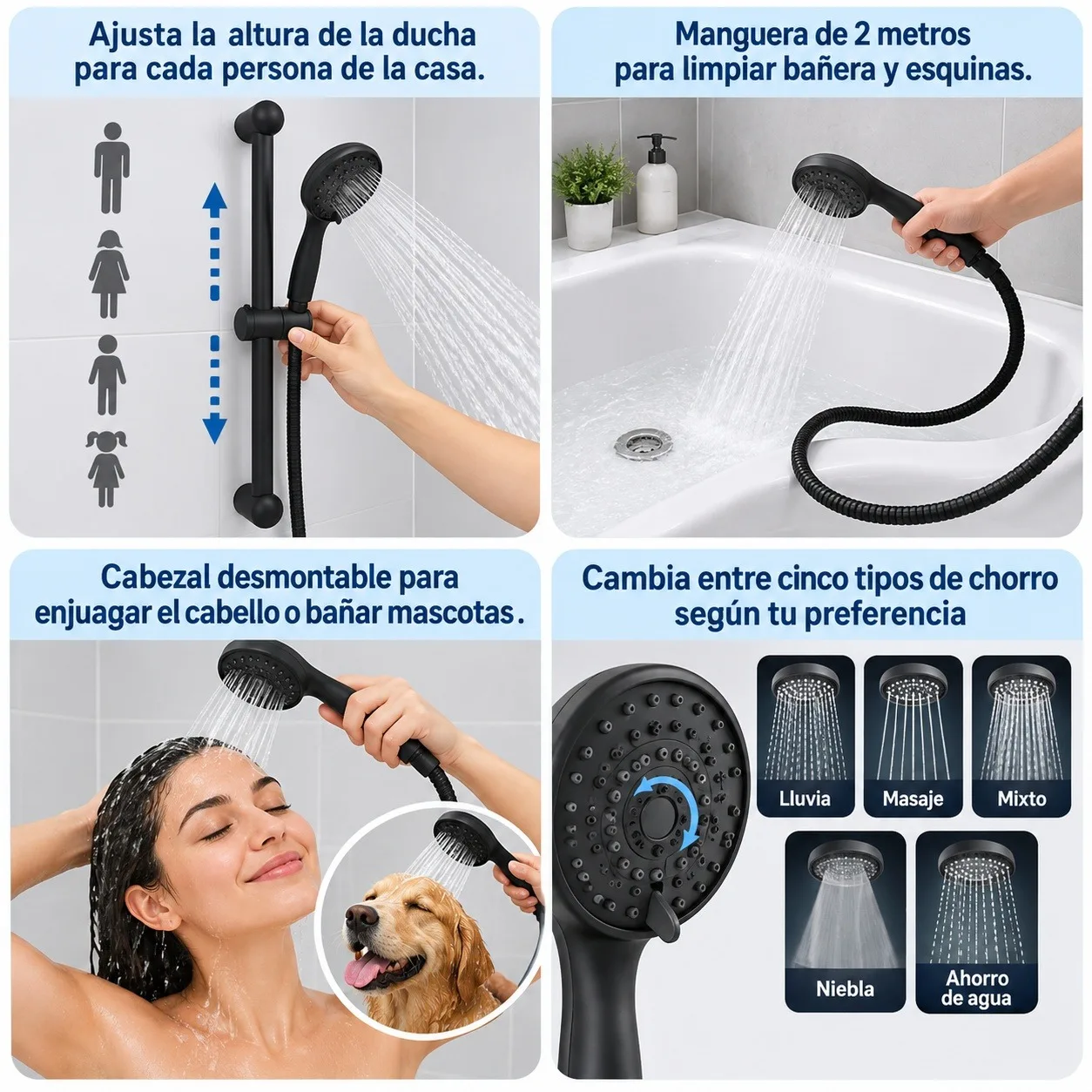 Conjunto de Ducha Negro Mate con Barra Deslizante de Acero Inoxidable de 59cm y Cabezal de Mano con 5 Modos de Chorro, Manguera Flexible de 2 Metros para Baño y Limpieza de Mascotas