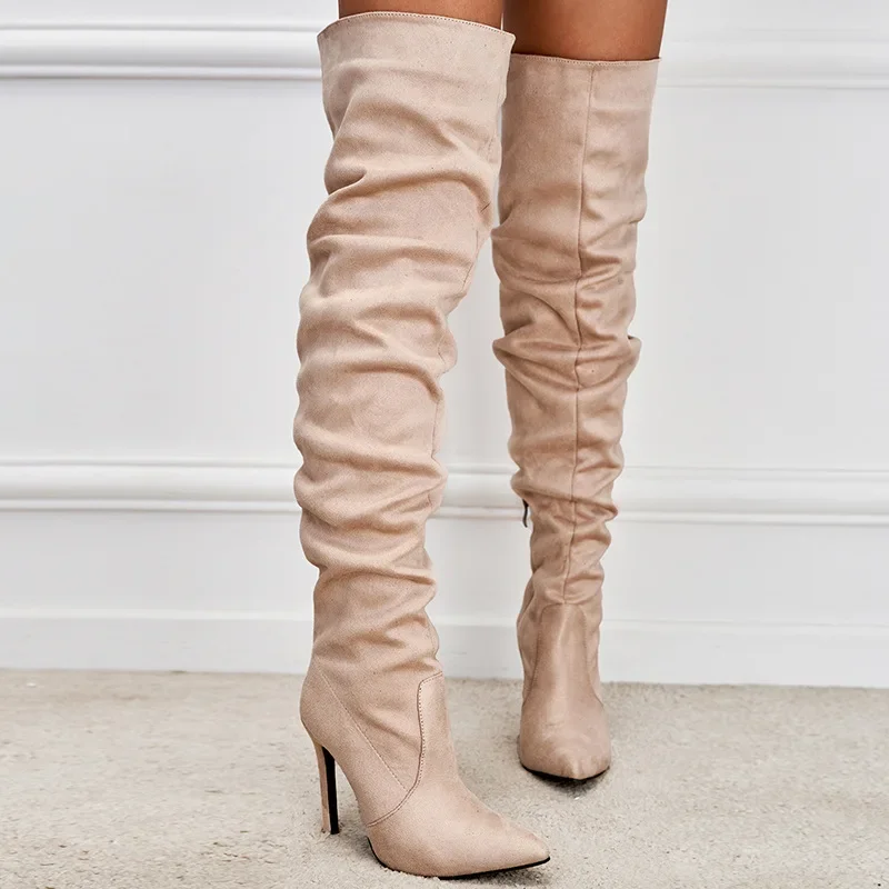 

2024 Women's Fashion Trend Pointed Toe Thin Heel Over Knee Boots 2024 Spring/Autumn Flock Splicing Side Zipper Chelsea Boots