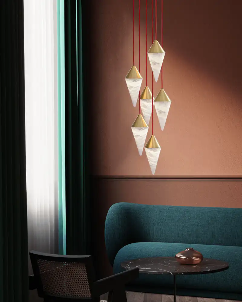 BOSSEN Modern Nordic Designer Cone Marble Chandelier Brass Dimmable with Height-adjustable and Three-Color Change for Staircase