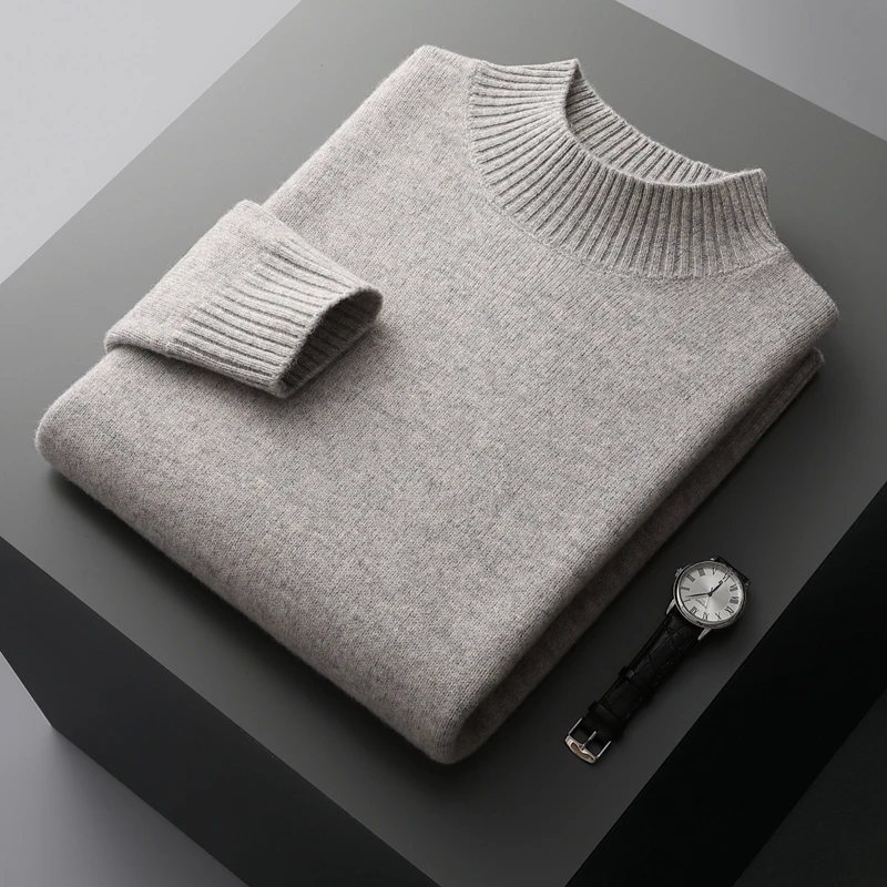 

Winter New Double Thick Men Cashmere Sweater with Semi-High Neck High-End Warm Wool Male Knitted Bottoming Shirt