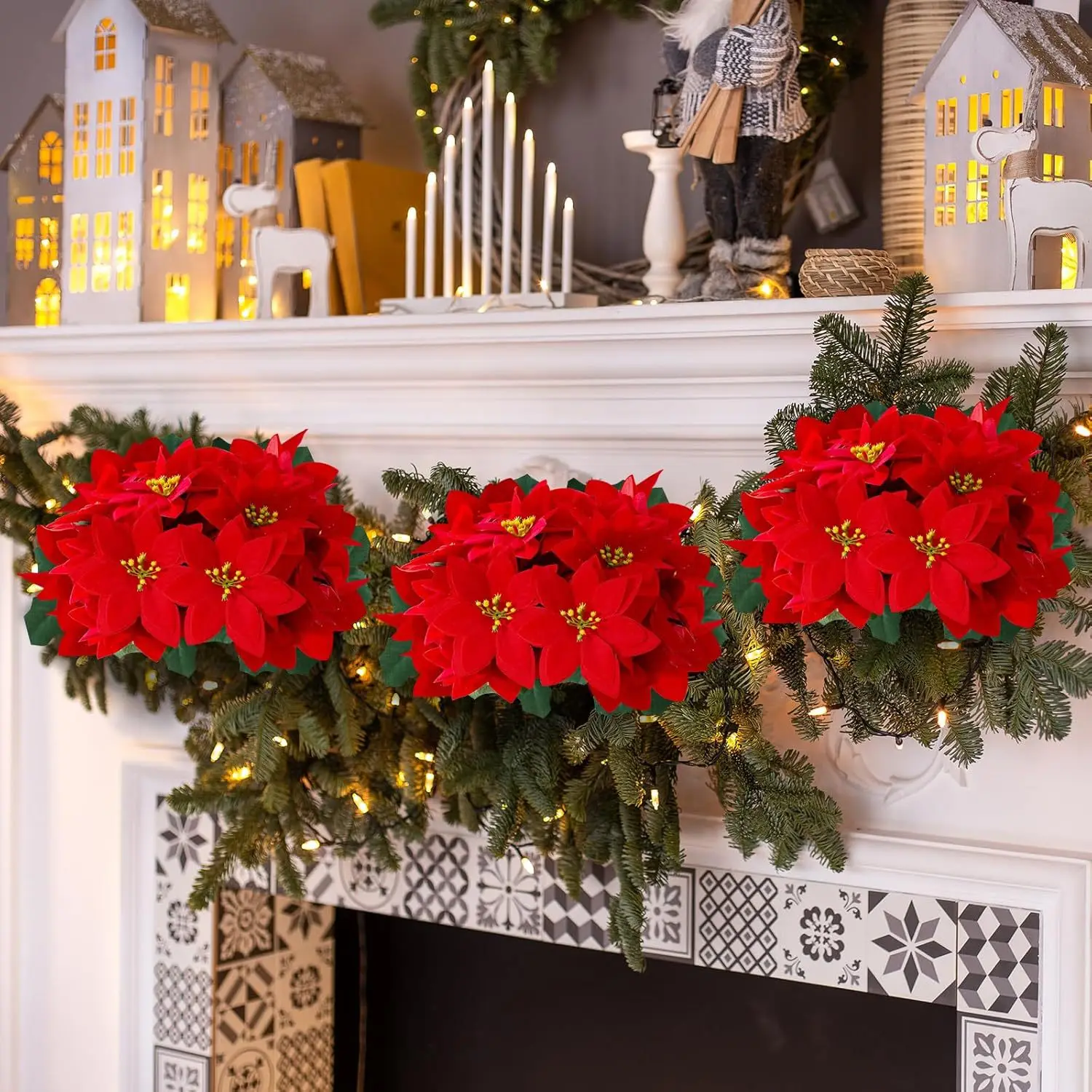 5-köpfige künstliche Weihnachtsstern-Blumen, Weihnachtsstrauß, Winter-Weihnachtsstern-Büsche für Weihnachtsfeier, Urlaubsarrangements, Dekoration – Detail 3