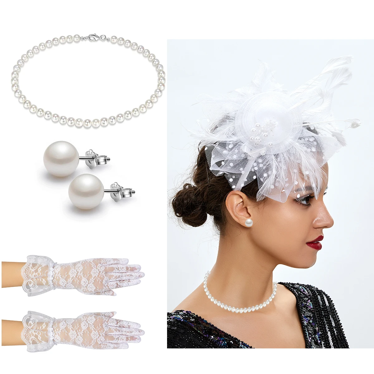 Vintage Headdress Hat Faux1920s Feather Net Hat Cocktail Tea Party Headdress And Women's Short Lace Gloves Set The Prom Suit