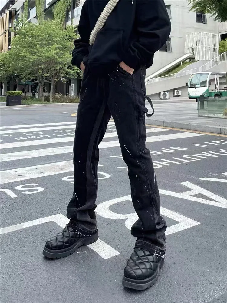 Splash Ink Embroidery Painted Jeans Men Worn Soft 3D Hollow Long Flared Pants Montage Hip Hop Repair Tall Street Cotton Elastic2