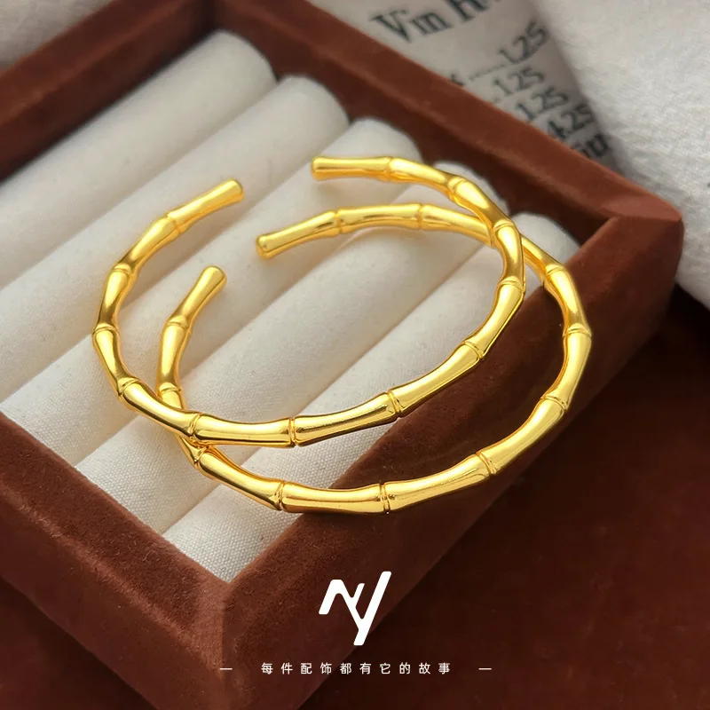 

Бамбуковый открытый браслет для женщин 9999, 24-каратное настоящее золото, светлый роскошный нишевый открытый бамбуковый браслет в этническом стиле