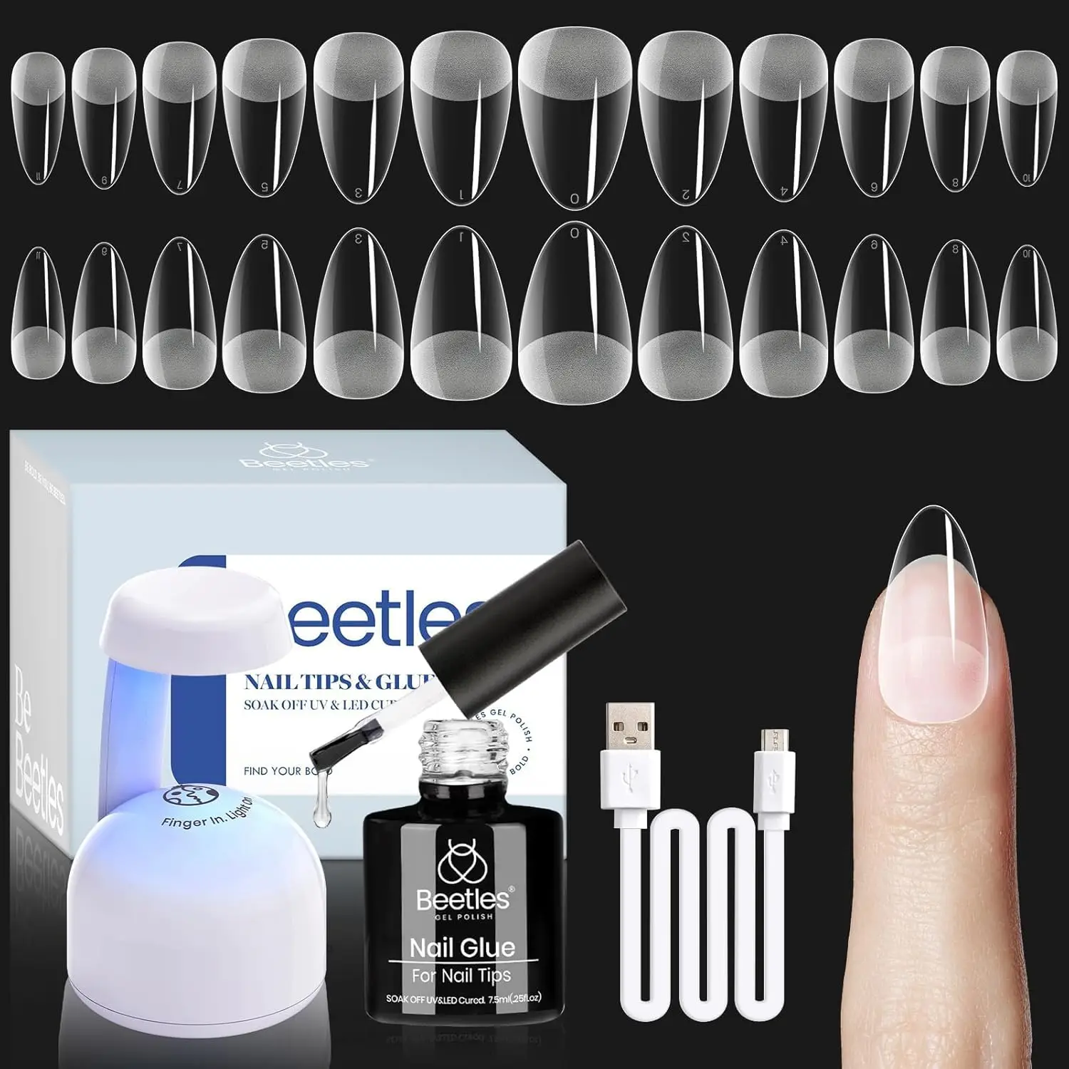 

504pcs Almond Nail Tips Kit with Mini LED Lamp & Glue, 12 Sizes Half Matte Press On Nails for DIY Manicure at Home