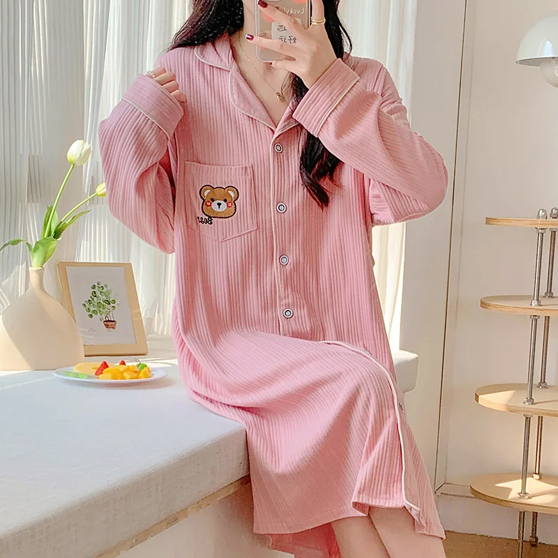 Cartoon Winter Cotton Padded Maternity Nursing Nightdress Loose Night Dress Clothes Women Pregnancy Home Dress