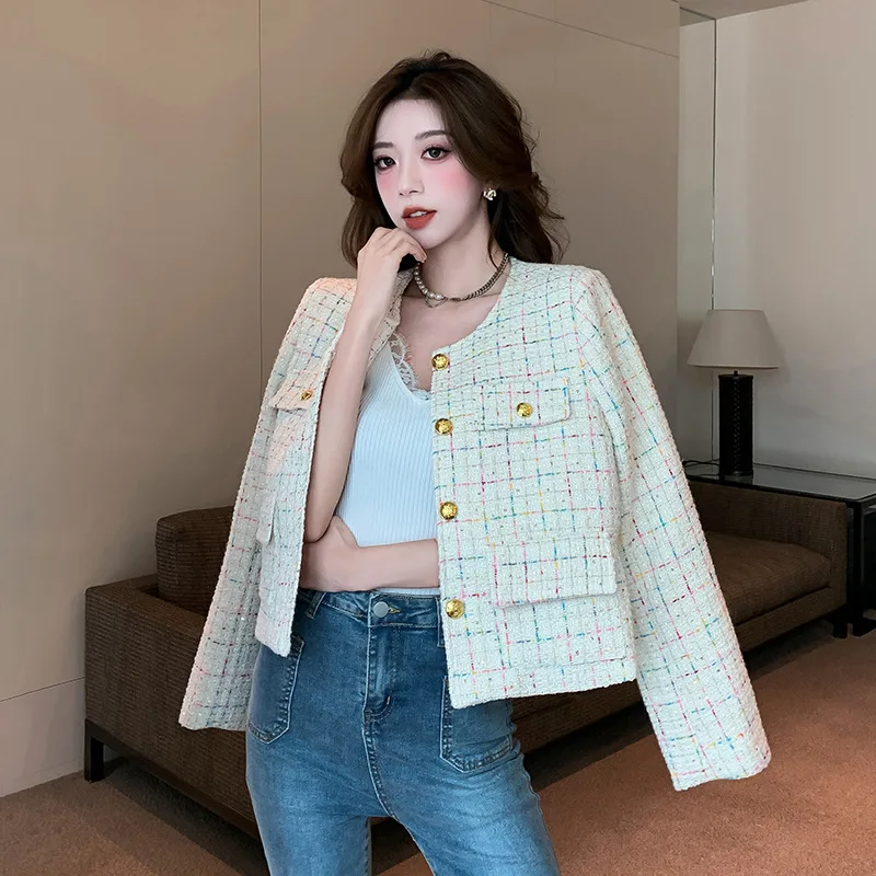 

Women Autumn Winter New Fashionable Fragrant Gold Weaving Block Color Paid Thick Tweed Coat Jackets