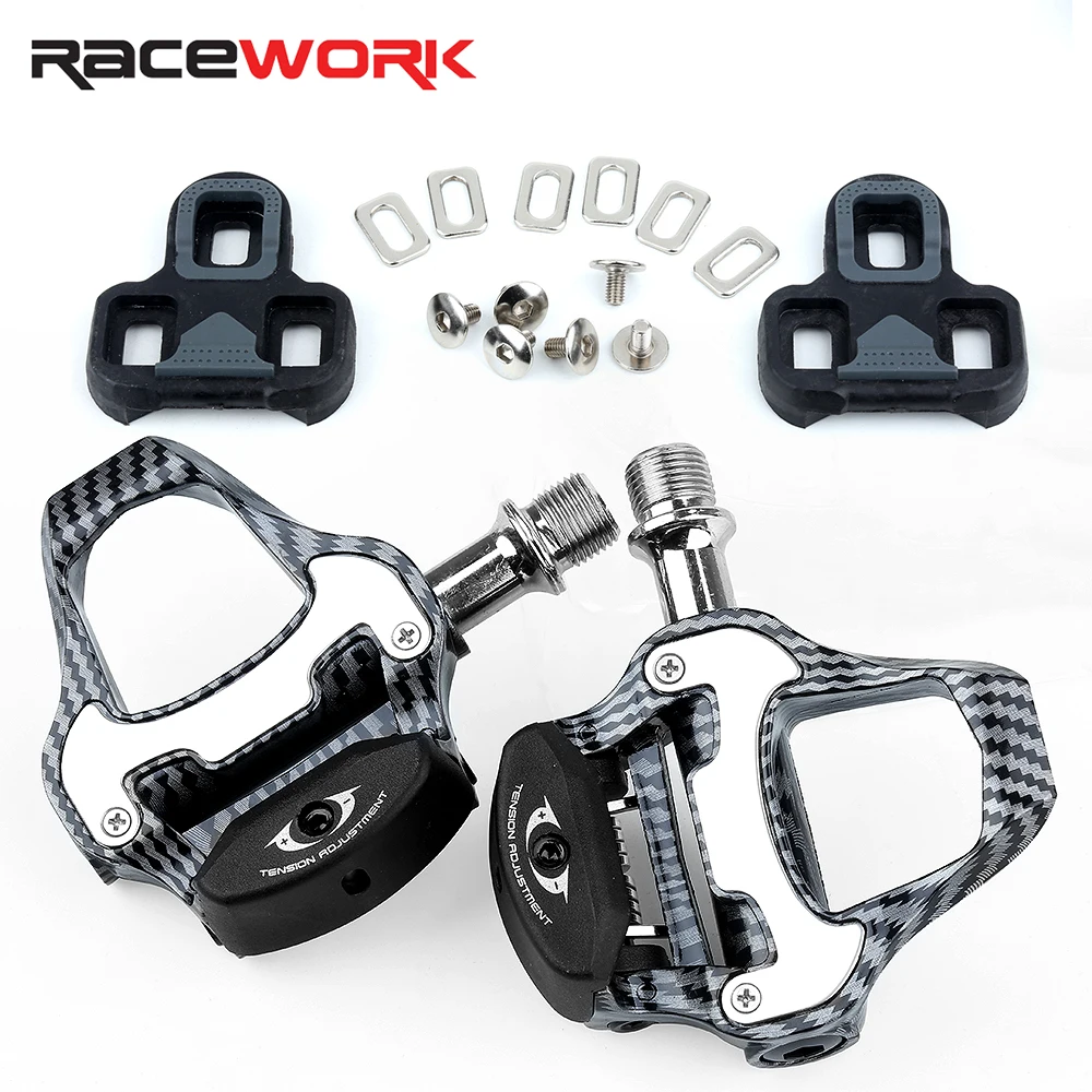 RACEWORK Road Bike Pedal Carbon Fiber Pattern Ultra Light Bearings Pedal For SPD Keo Self-Locking Bicycle Professional Pedals