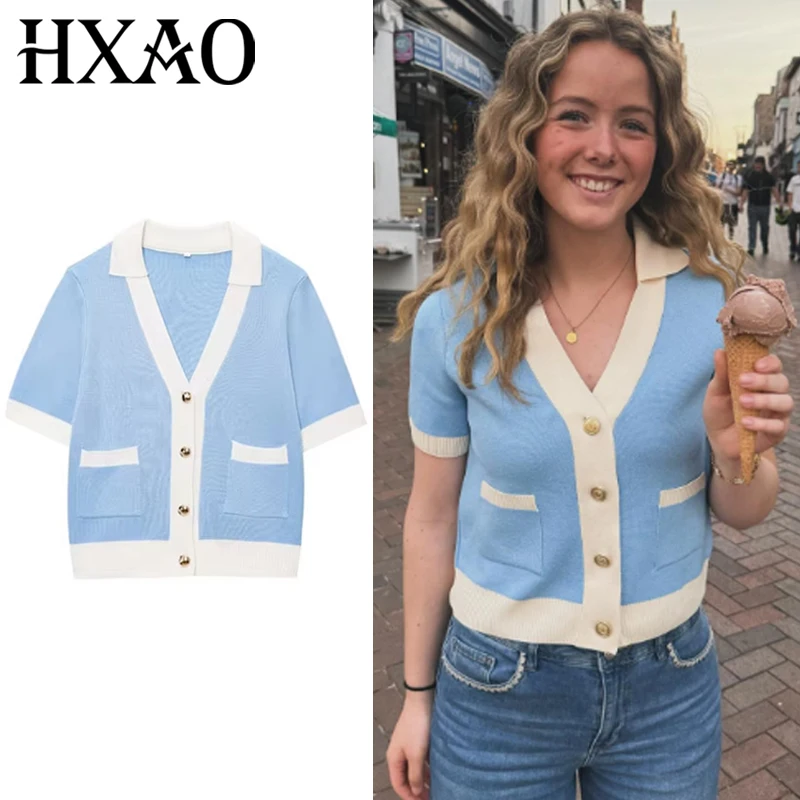 

Top Women Summer New Blue Knit Short -Sleeved Cardigan Crop Knit Button up Tops Street Office Casual Street Korean Style Clothes