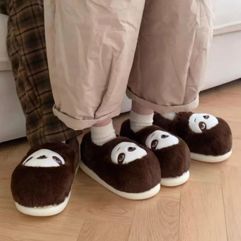 Indoor Cotton Slippers For Women Men Winter Warm Shoes Cute Cartoon Sloth Soft Plush Anti-slip Couples Home Floor Fluffy Shoes