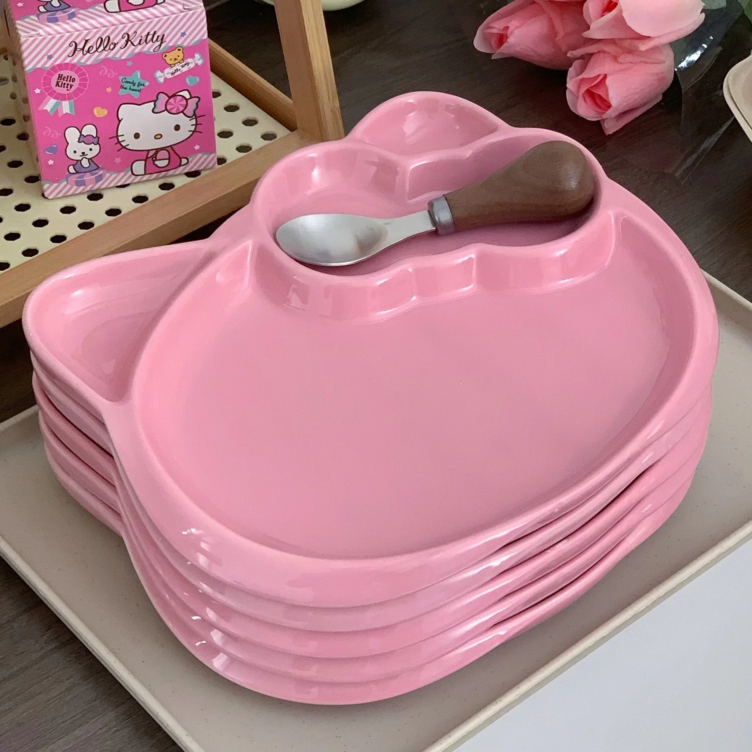 

1 шт. керамическая разделенная тарелка, очаровательная розовая обеденная тарелка с мультяшным котом, посуда для завтрака с фруктами и клецками для салата