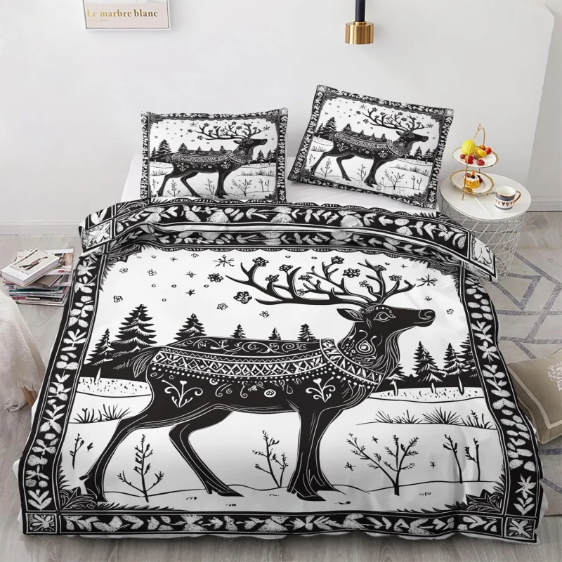 Christmas reindeer duvet cover, holiday bedding with zipper, 3-piece set, 1 soft duvet cover and 2 pillowcases, no comforter