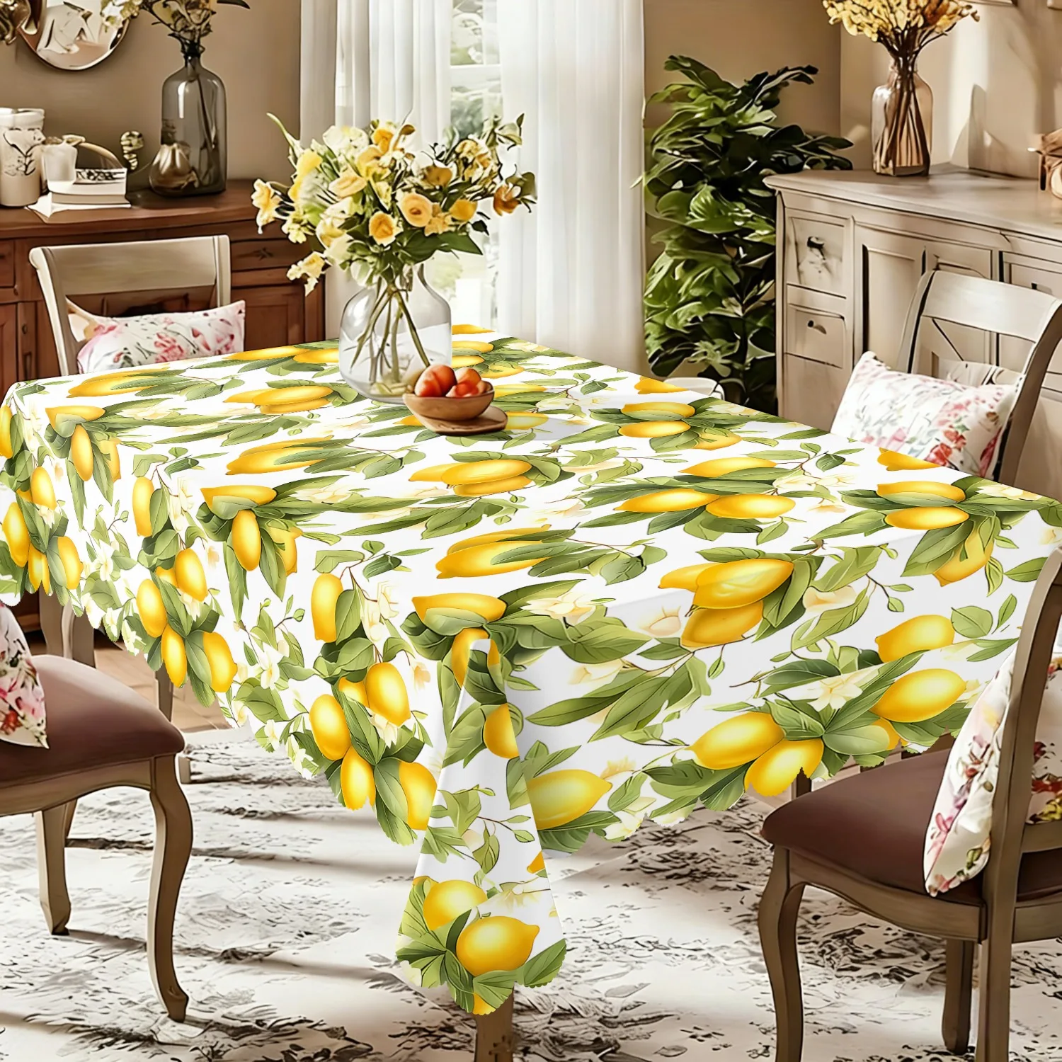 1pc, Natural Style Lemon-Themed Tablecloth, Yellow-Green Lemon And Green Leaves Printed Pattern Decorative Tablecloth, Fresh Pastoral Theme, Yellow-Green Design, Machine Washable, Material, Tablecloth for Kitchen, Picnic Use
