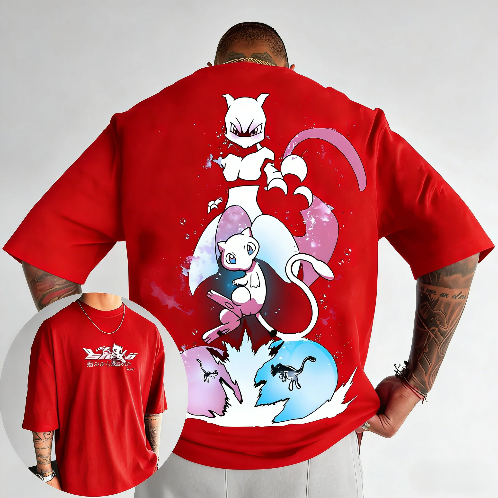 Pokémon Men's and Women's Cotton T-shirt 2026 Summer New Pikachu Mewtwo Printed Street Hip Hop Casual Loose Y2K Parent Child Top