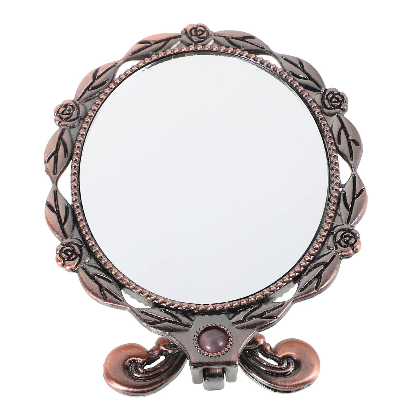 ヴィンテージヨーロピアンスタイル折りたたみ式ハンドルミラー、携帯用メタルハンドヘルドメイクアップミラー（女性用）、クリアな反射、バニティアクセサリー