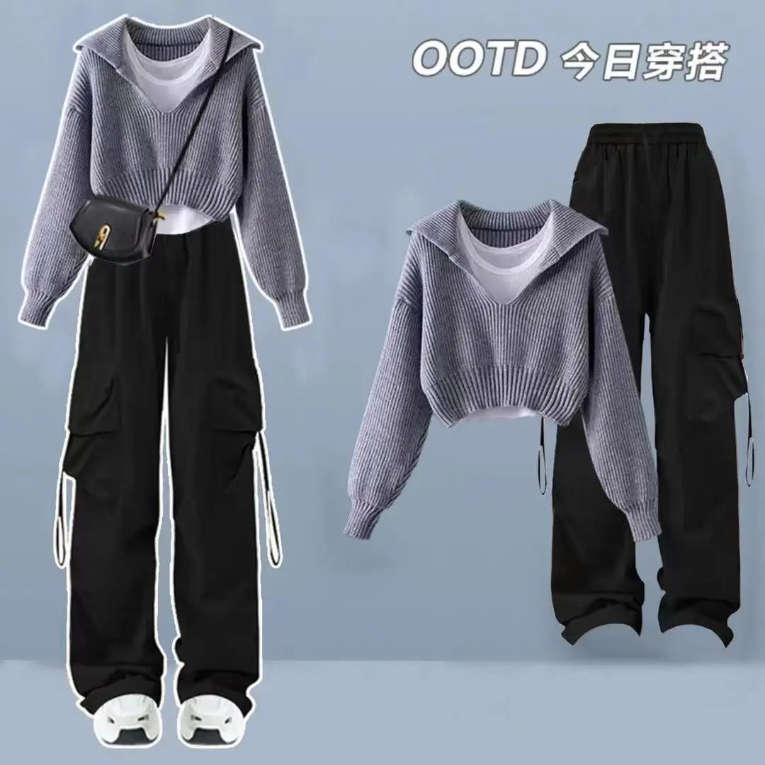 Autumn and Winter Set Female Student Korean College Style Knitted Sweater+Vest+Work Pants 3-Piece Set