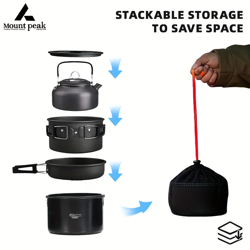 طقم أواني طهي للتخييم من سبائك الألومنيوم مكون من 3-5 قطع، طقم طهي خارجي محمول، مقلاة، غلاية، مناسب للمشي لمسافات طويلة والنزهات #5