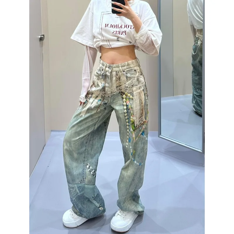 

Personalized Fashion Age Reduction New 3D Digital Printed Candy Chain 1981 Printed Lace Pearl Straight Jeans for Men and Women