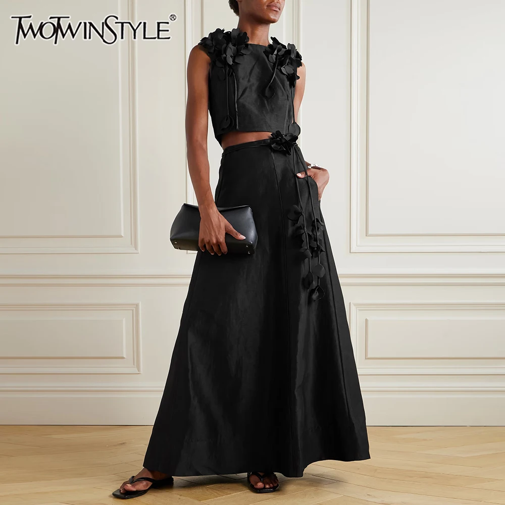 TWOTWINSTYLE Solid Slimming Spliced Tassels Two Piece Sets for Women Round Neck Sleeveless Top High Waist Skirt Set Female New