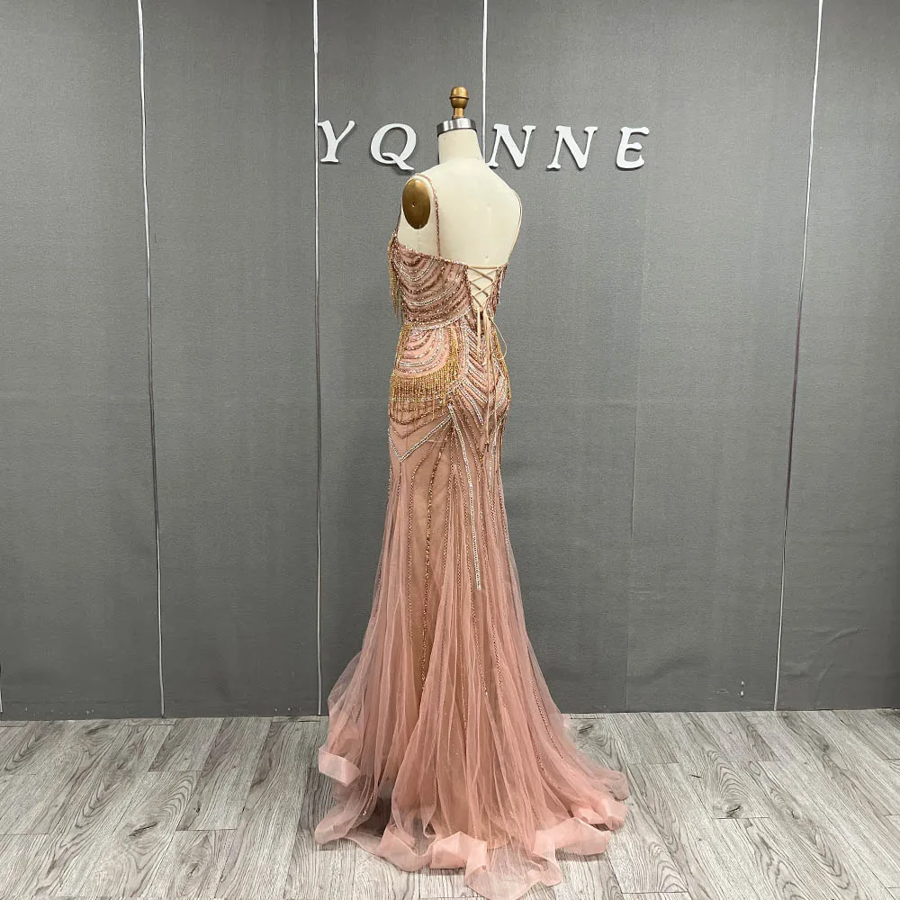 YQLNNE Luxury Rose Gold Rhinestones Long Prom Dresses Spaghetti Pendants Beaded Mermaid Eventing Gown Lace-up