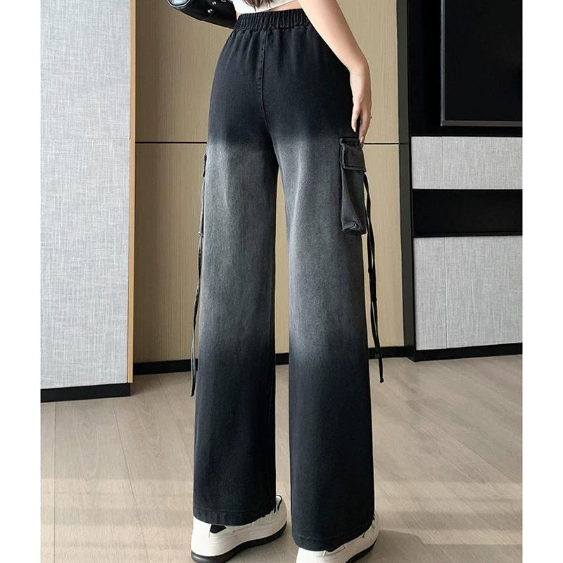 Women's Wide-Leg Tooling Jeans Spring 2026 Tether Elastic Waist Loose Fit Straight Pants Gradient Color Chic Female Jeans