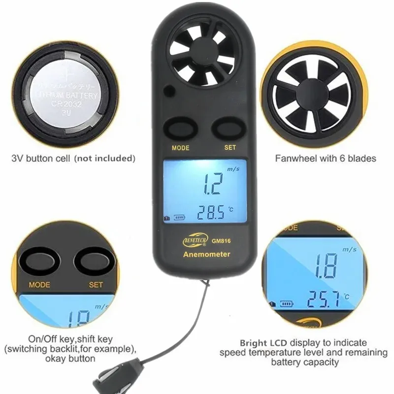 GM816 Digital Anemometer Wind Speed Mini Air Velocity Airflow Temperature with LCD Backlight Wind Speed Meter